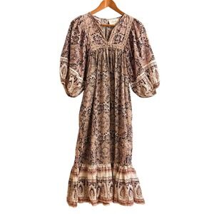 Cleobella Magdalena Peasant Boho Midi Dress Pink Cream Coquette Boho Flowy XS
